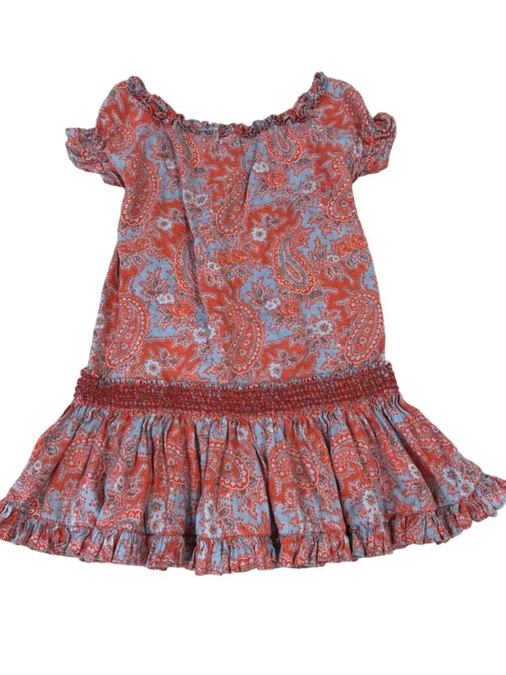 Ralph Lauren Girls Paisley Smocked Dress Red Blue Short Sleeve Ruffle Hem 6X